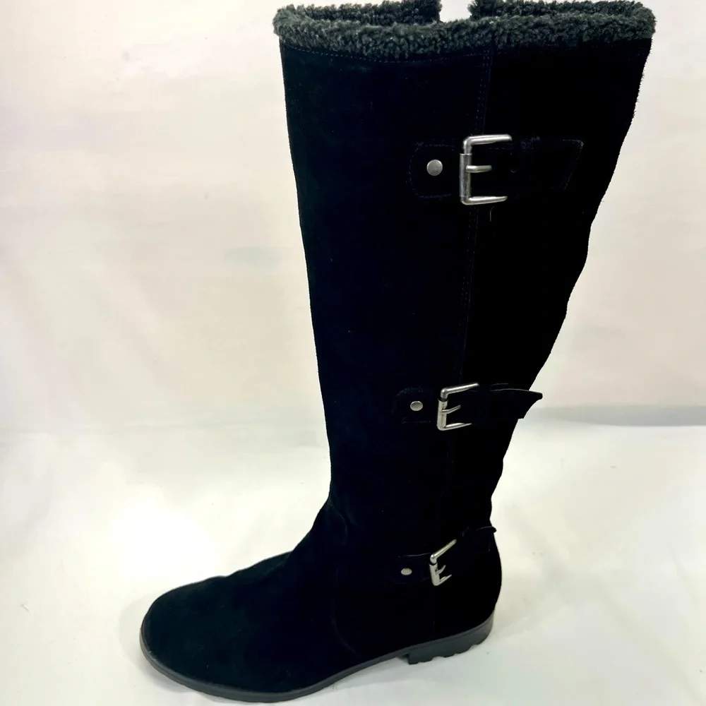 ALFANI VERMONT SUEDE LEATHER SHEARLING TRIPLE BUCKLE RIDING BOOT WOMEN 7 BLACK